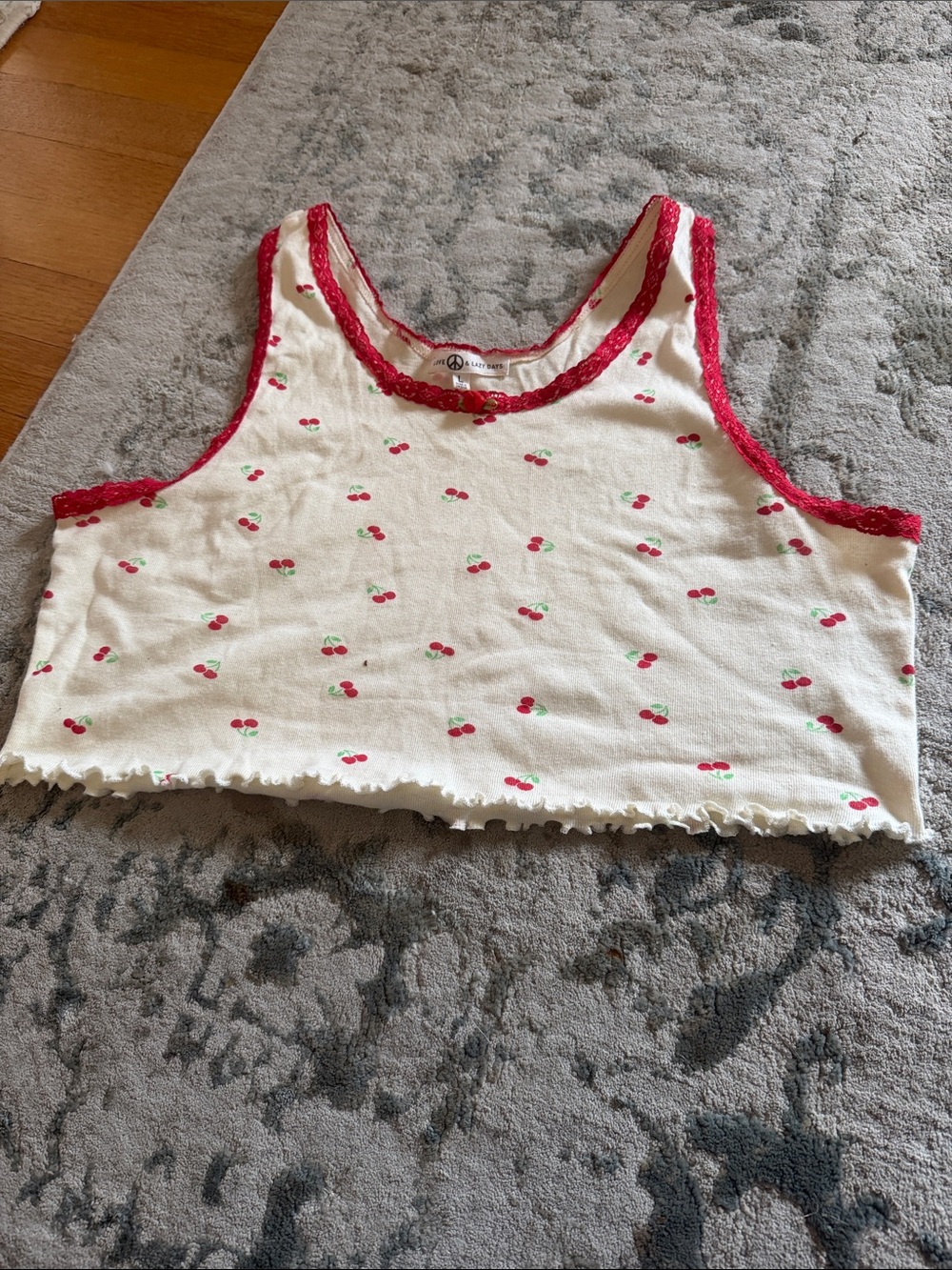 Cherry Print Cropped Tank Top with Red Trim